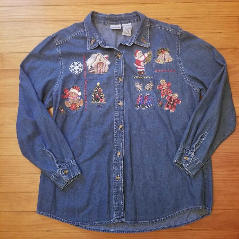 Bobbie Brooks XL 16 18 Blue Jean Denim‎ Top Christmas Santa Embroidery Patches